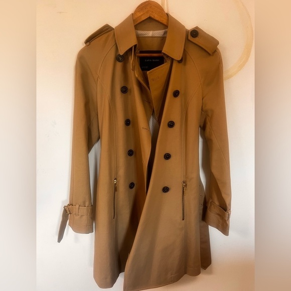 Zara Camel mid length khaki tan Trench Coat size small - Picture 14 of 15